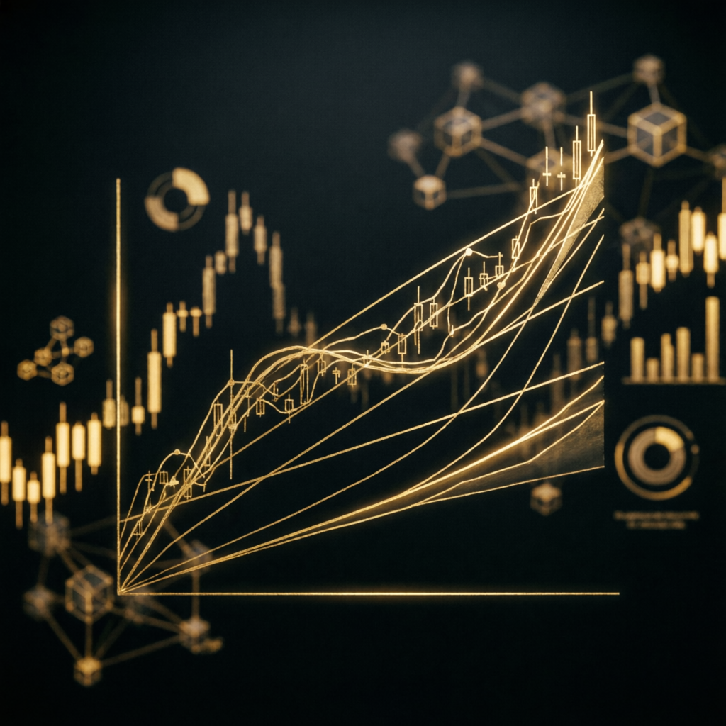 Premium trading strategy blueprint with gold technical analysis lines for apex trader funding