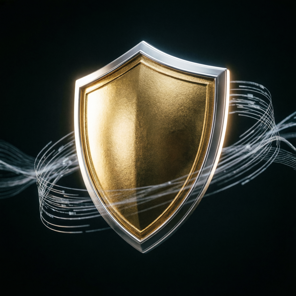 Premium gold shield representing risk management and security in prop firm passing service