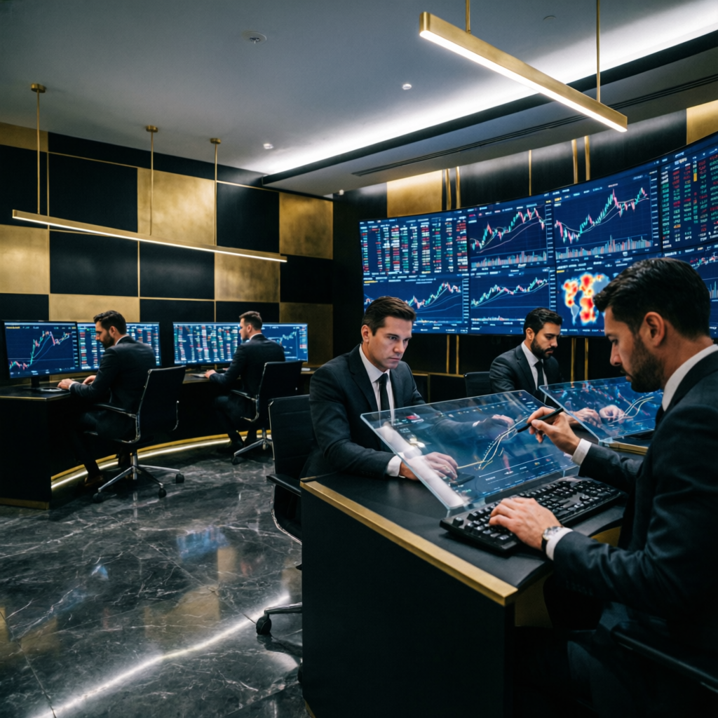 Professional trading floor with black and gold aesthetic showing futures trading operations