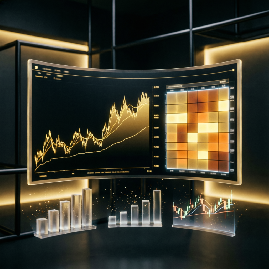 Premium futures trading concept with gold and black aesthetic showing advanced analytics