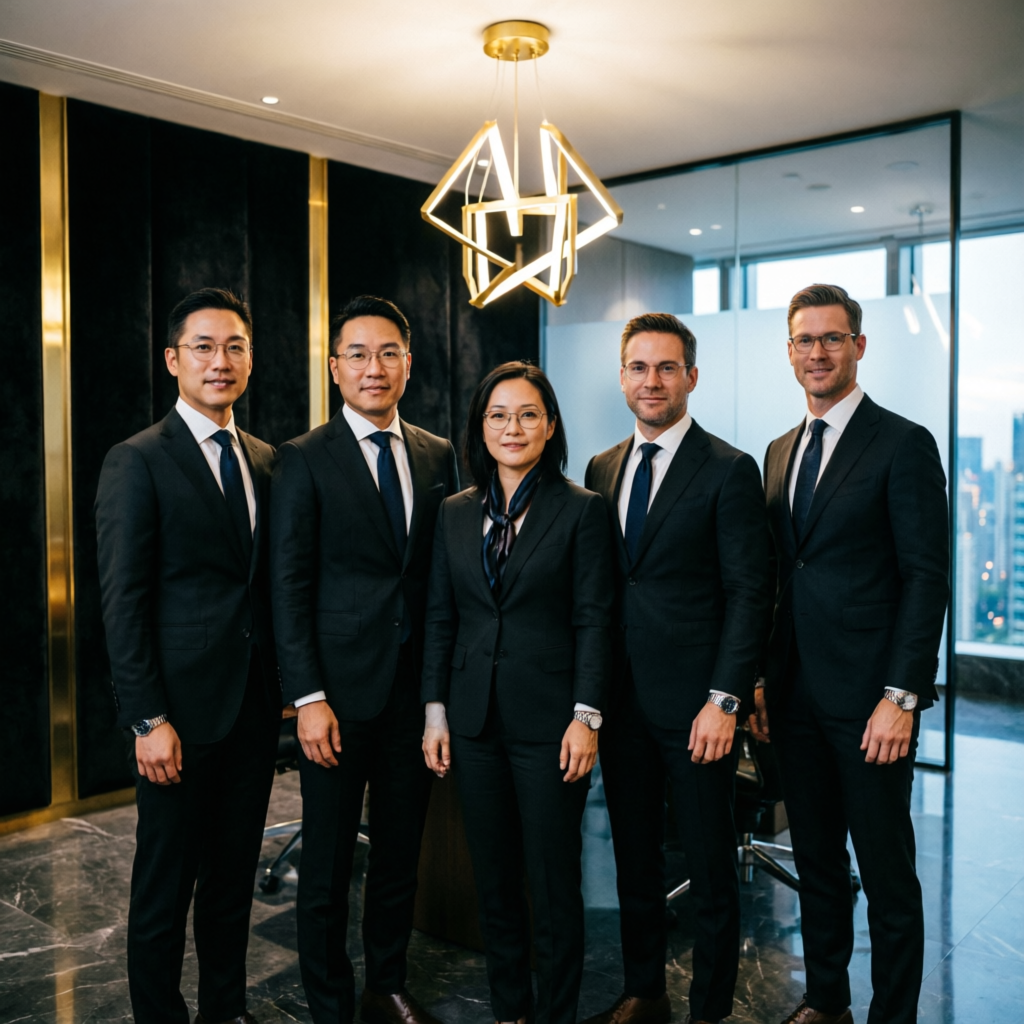 Professional team of financial experts in luxury black suits providing prop firm passing service