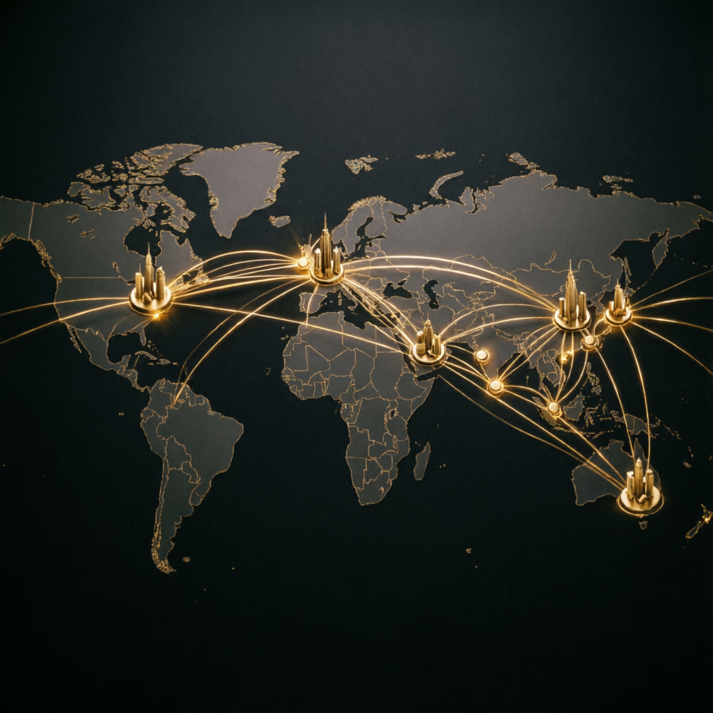 Global financial map with gold connections showing worldwide prop firm passing service coverage