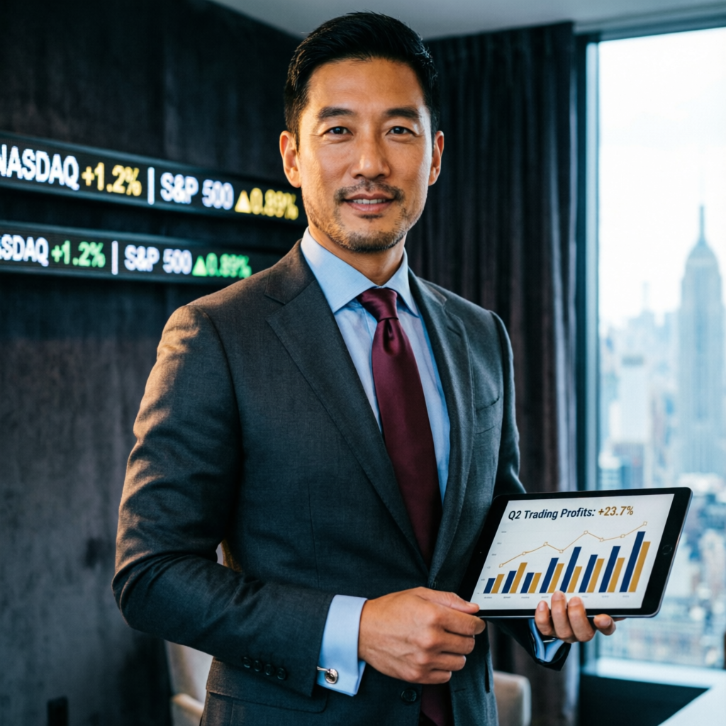 Professional trader holding tablet showing trading profits and growth