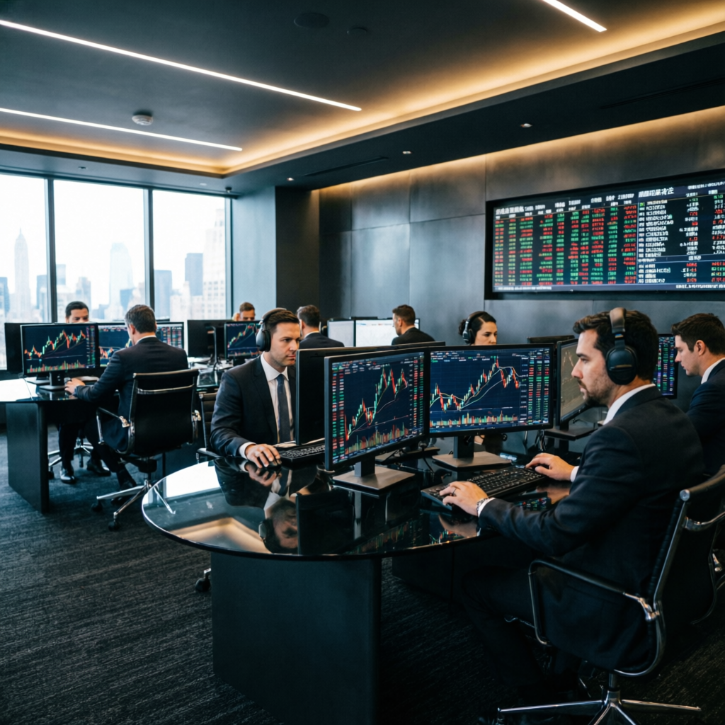 Professional prop firm trading office with expert traders managing accounts