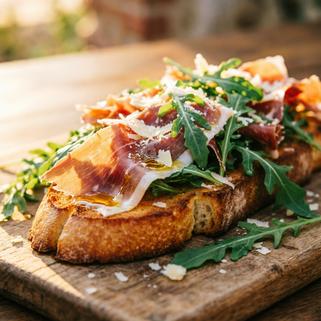 Bruschettas de jamón serrano y rúcula con aceite de oliva