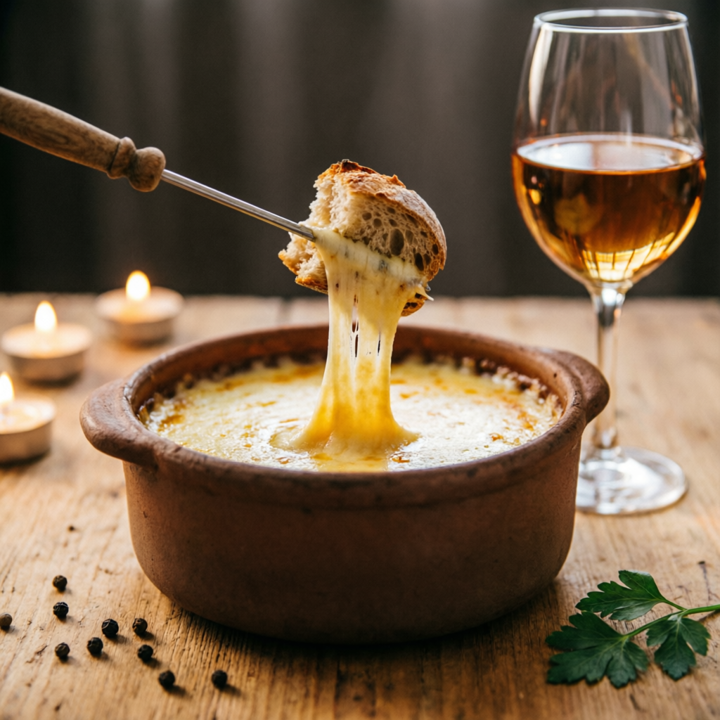 Fondue campesina de queso mantecoso con pan y vino blanco
