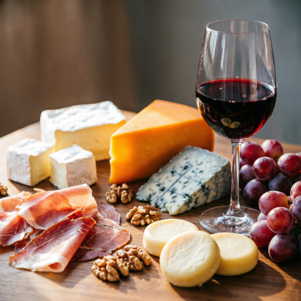 Tabla de quesos del sur con vino tinto