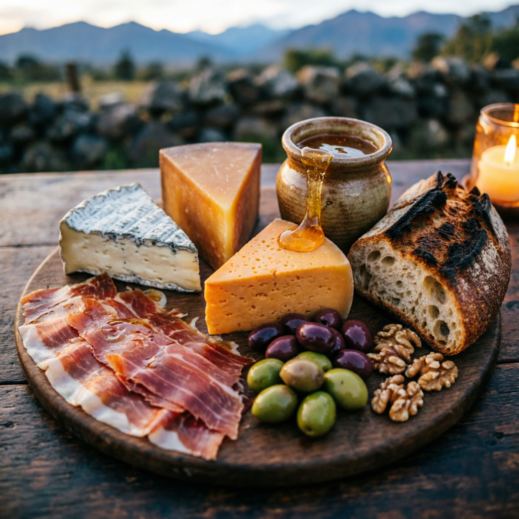 Tabla gourmet con quesos del sur, jamón serrano, aceitunas y miel
