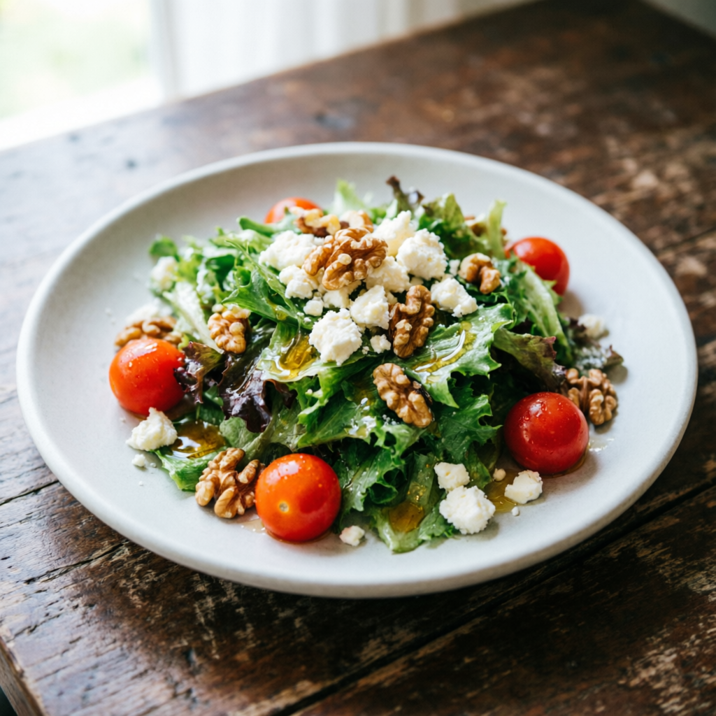 Ensalada templada de queso de cabra con nueces y miel