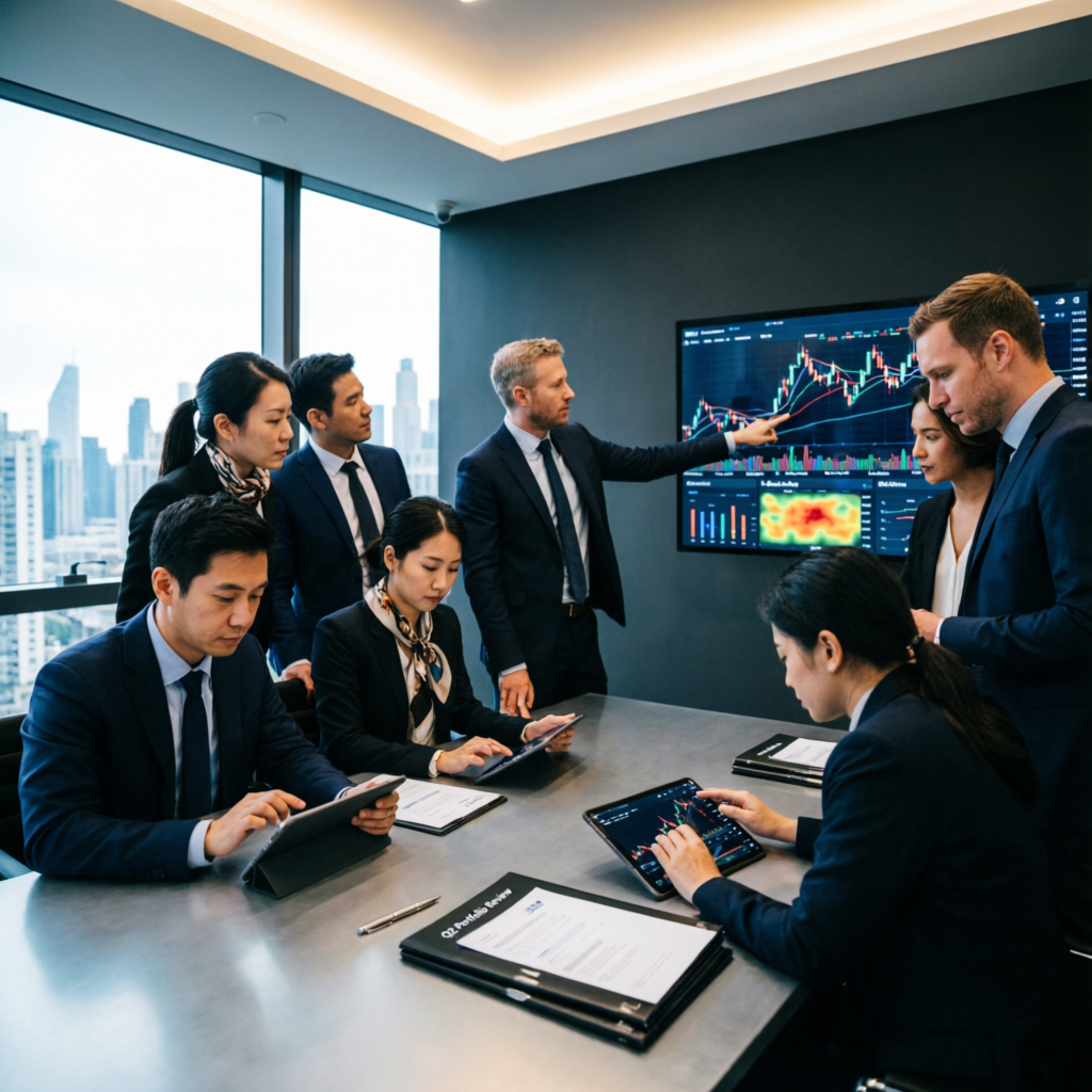 Professional team collaborating on trading strategy