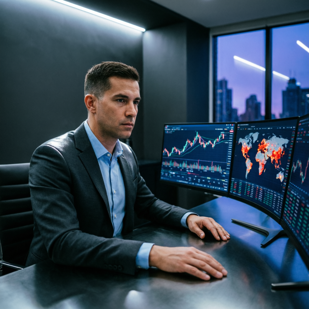 Professional trader analyzing market data on multiple screens
