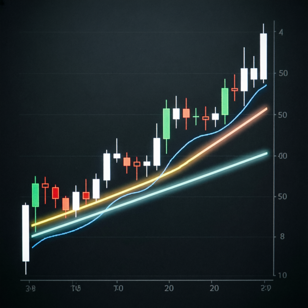 Candlestick chart with moving averages and support resistance