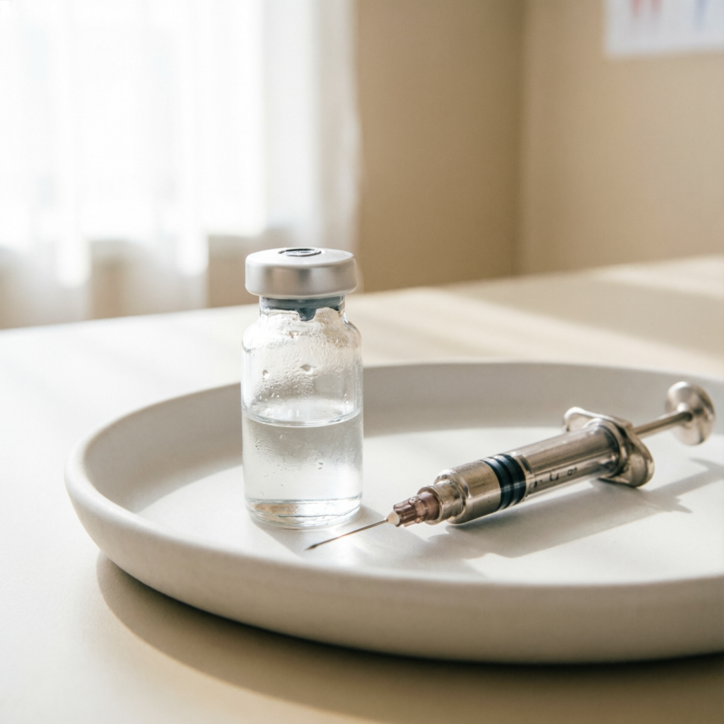 Impfstoff und Spritze auf Keramiktablett