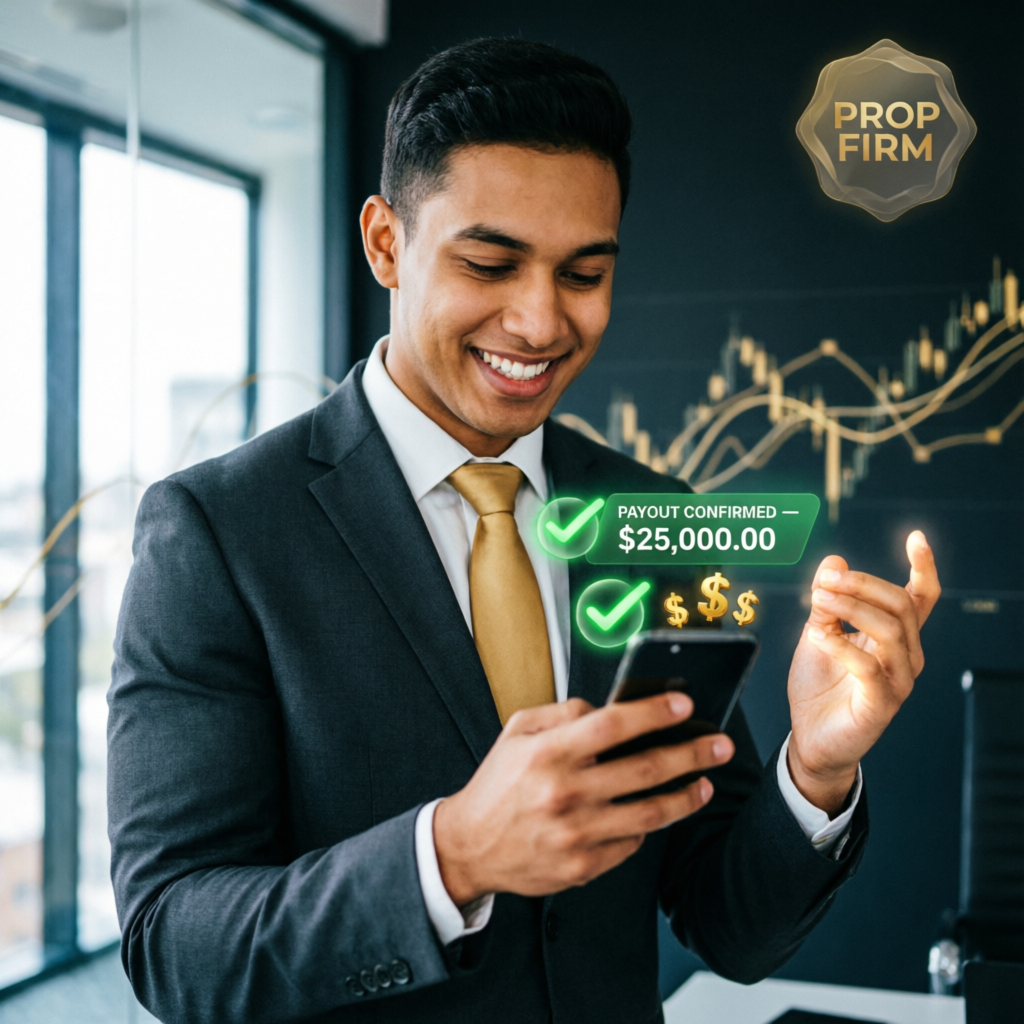 Funded trader receiving payout notification on smartphone showing $25,000 payout confirmed with green checkmarks