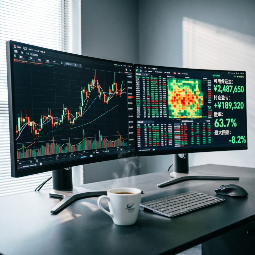 Professional futures trading setup with dual monitors showing live candlestick charts and order flow data