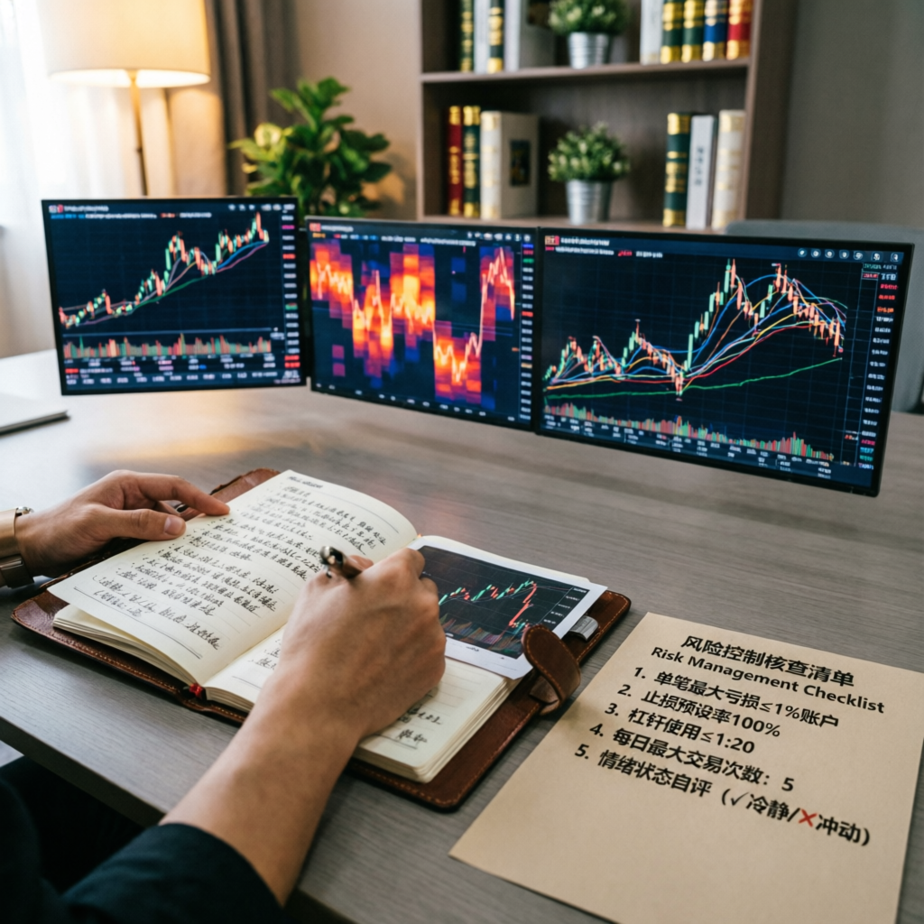 Trader writing risk management checklist in trading journal with three monitors showing futures charts in background