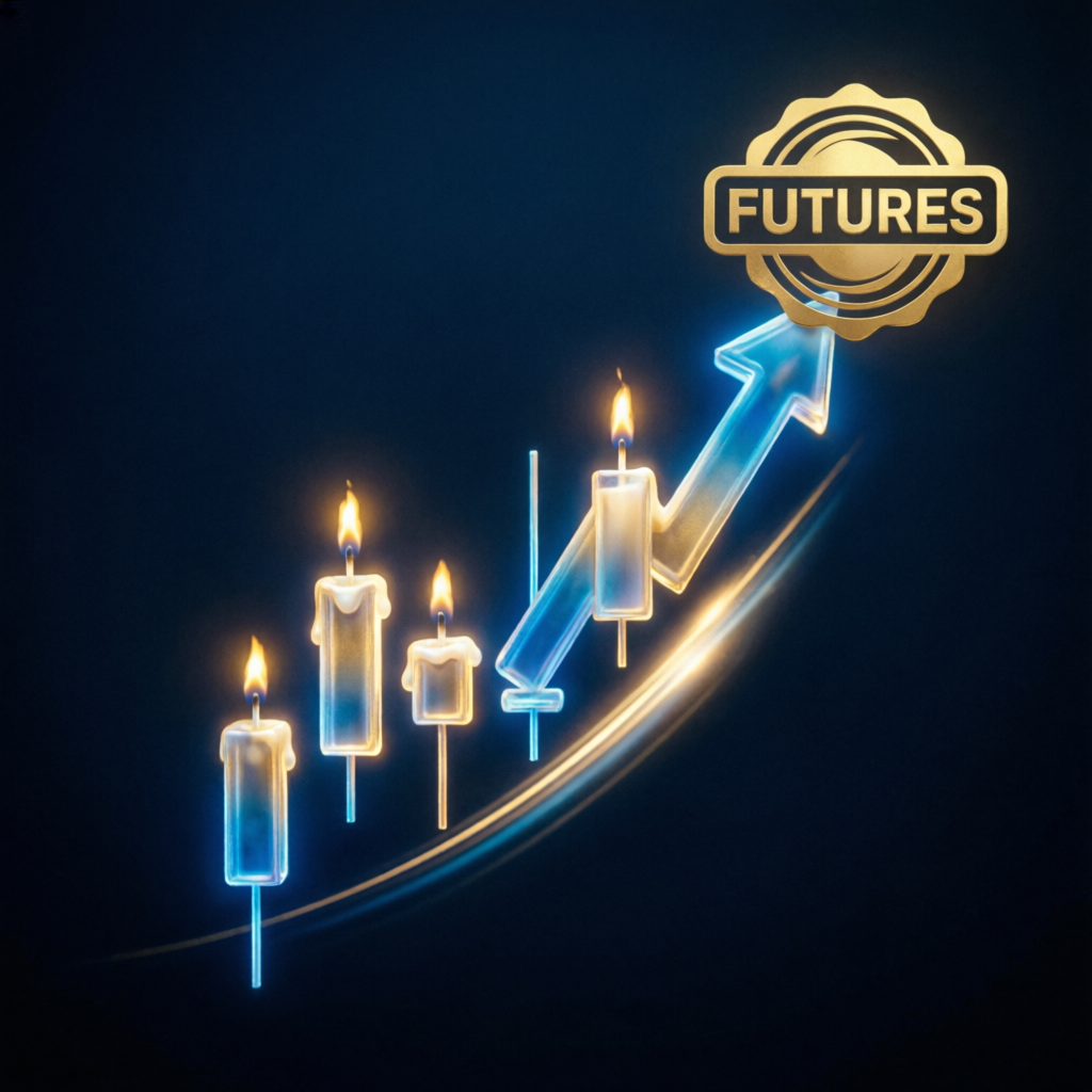 Futures trading concept showing rising candlestick chart with golden futures seal representing successful funded trading journey