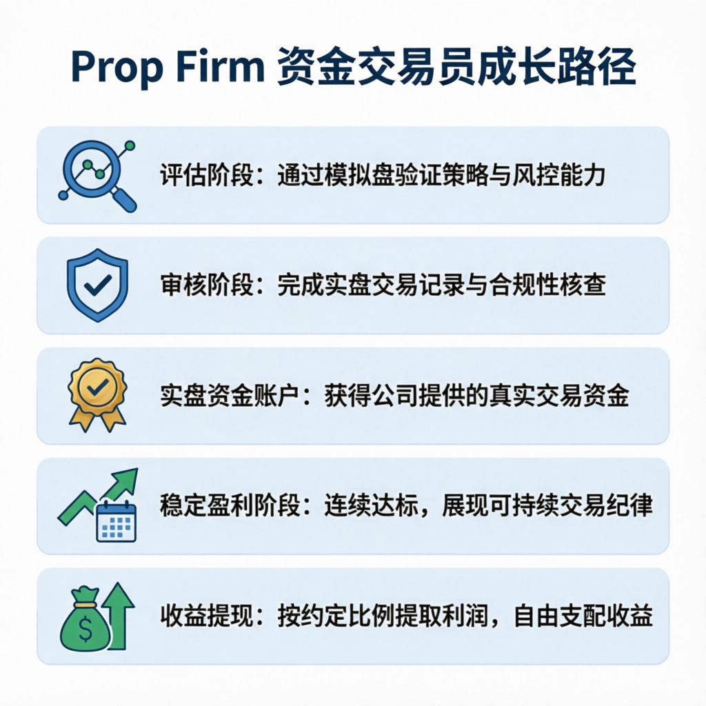 Prop firm funded trader journey infographic showing evaluation, verification, funded account, consistent trading, and payout stages