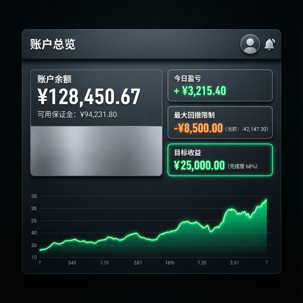Funded trading account dashboard showing balance, daily profit, maximum drawdown limit, and profit target progress