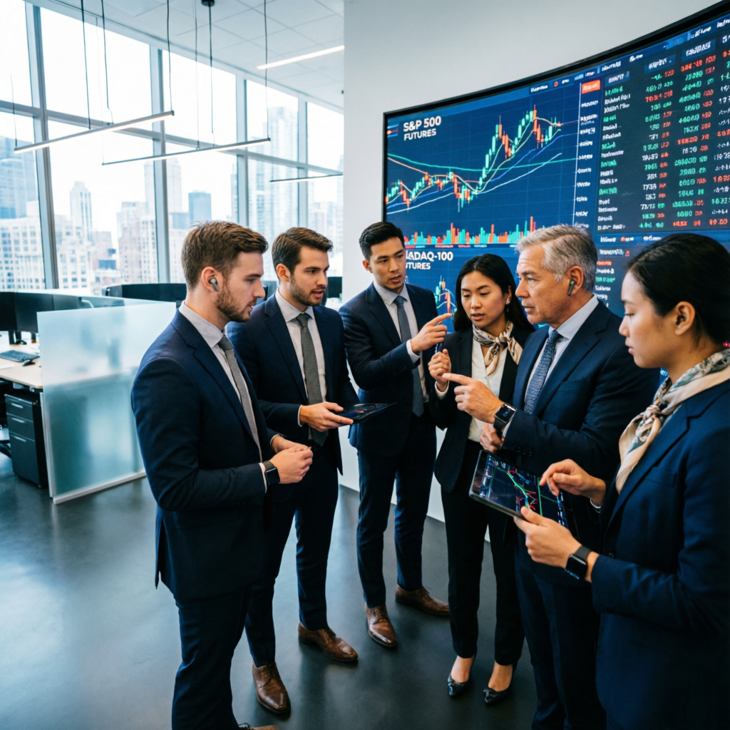 Team of professional traders collaborating on prop firm trading strategy in modern office with large futures market display
