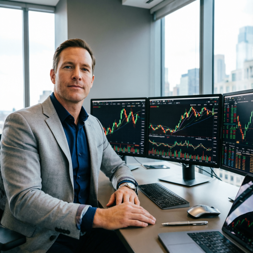 Professional funded trader at desk with multiple monitors showing futures trading charts and analysis tools