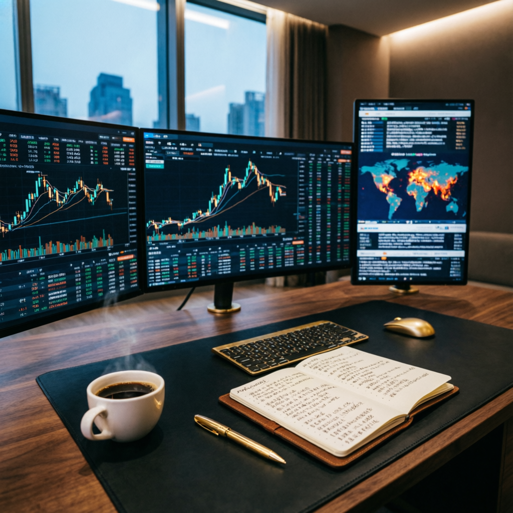 Professional trader workspace with multiple monitors for My Funded Futures scaling plan