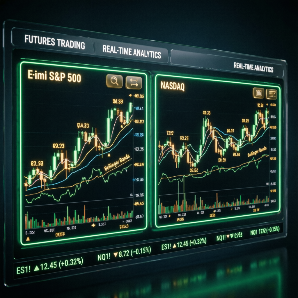My Funded Futures Rithmic platform showing E-mini S&P 500 and NASDAQ futures charts