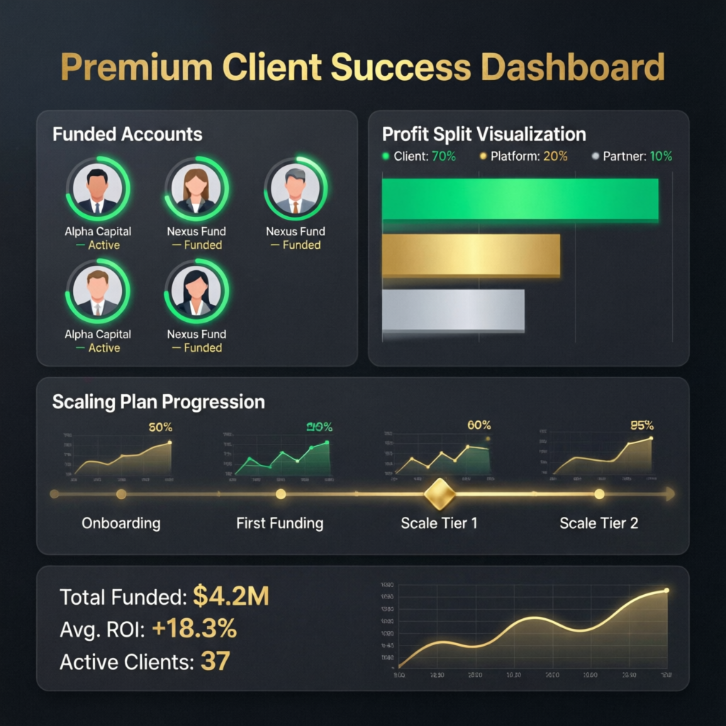 Premium client success dashboard showing funded accounts and profit split visualization