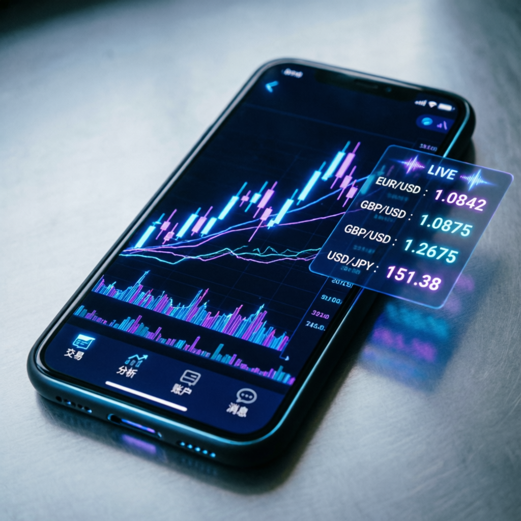 Mobile trading app showing live forex charts and currency pairs