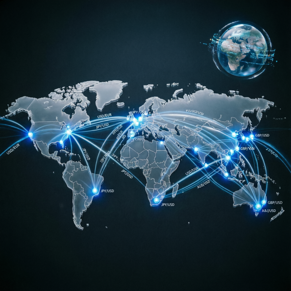 Global forex market map showing international trading connections and currency pairs