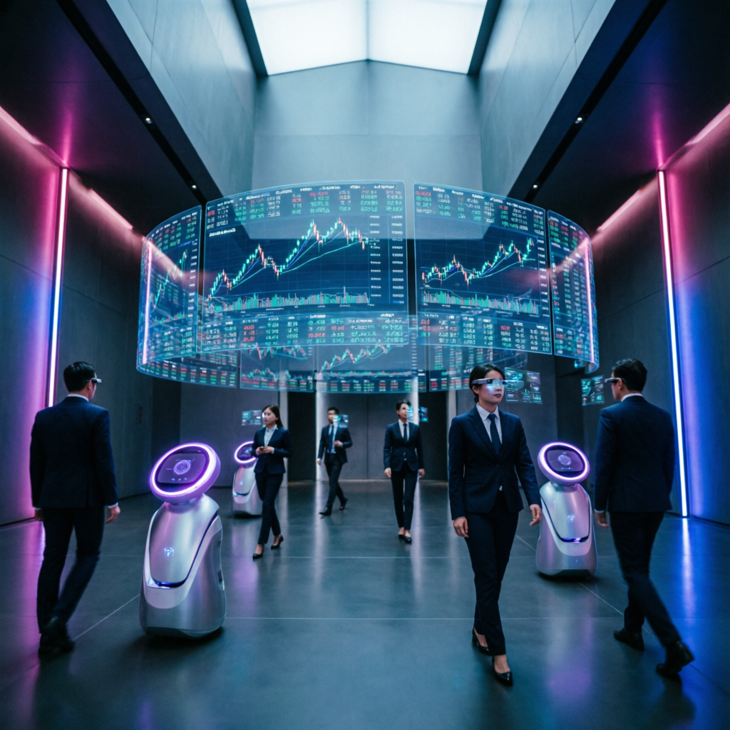 Futuristic trading floor with holographic displays representing Topstep platform technology