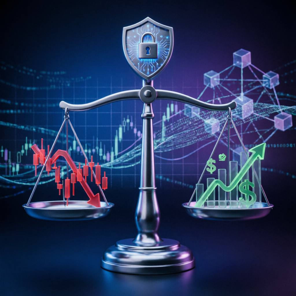 Risk management balance scale showing trading rules and profit protection