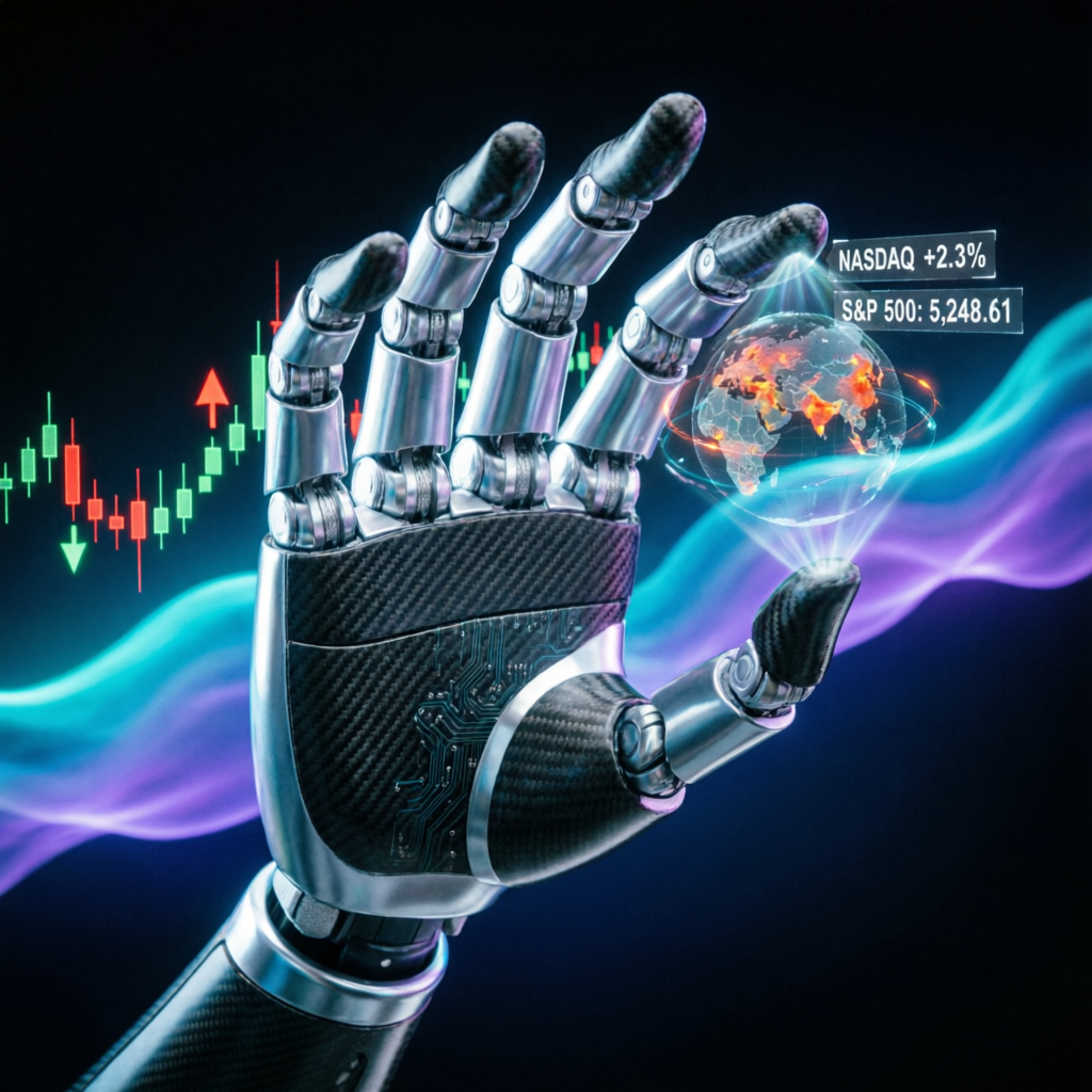 AI robot hand analyzing financial charts representing automated prop firm passing strategies