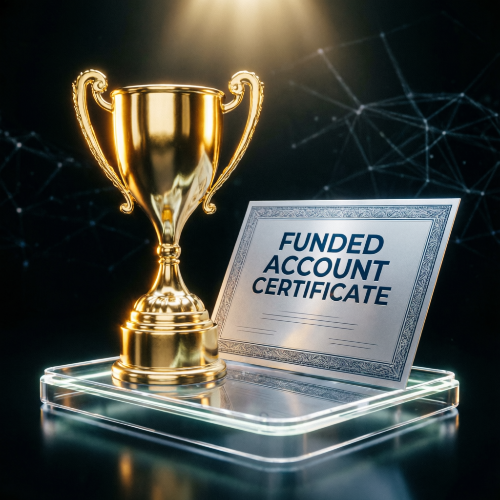 Gold trophy and funded account certificate representing Topstep scaling success