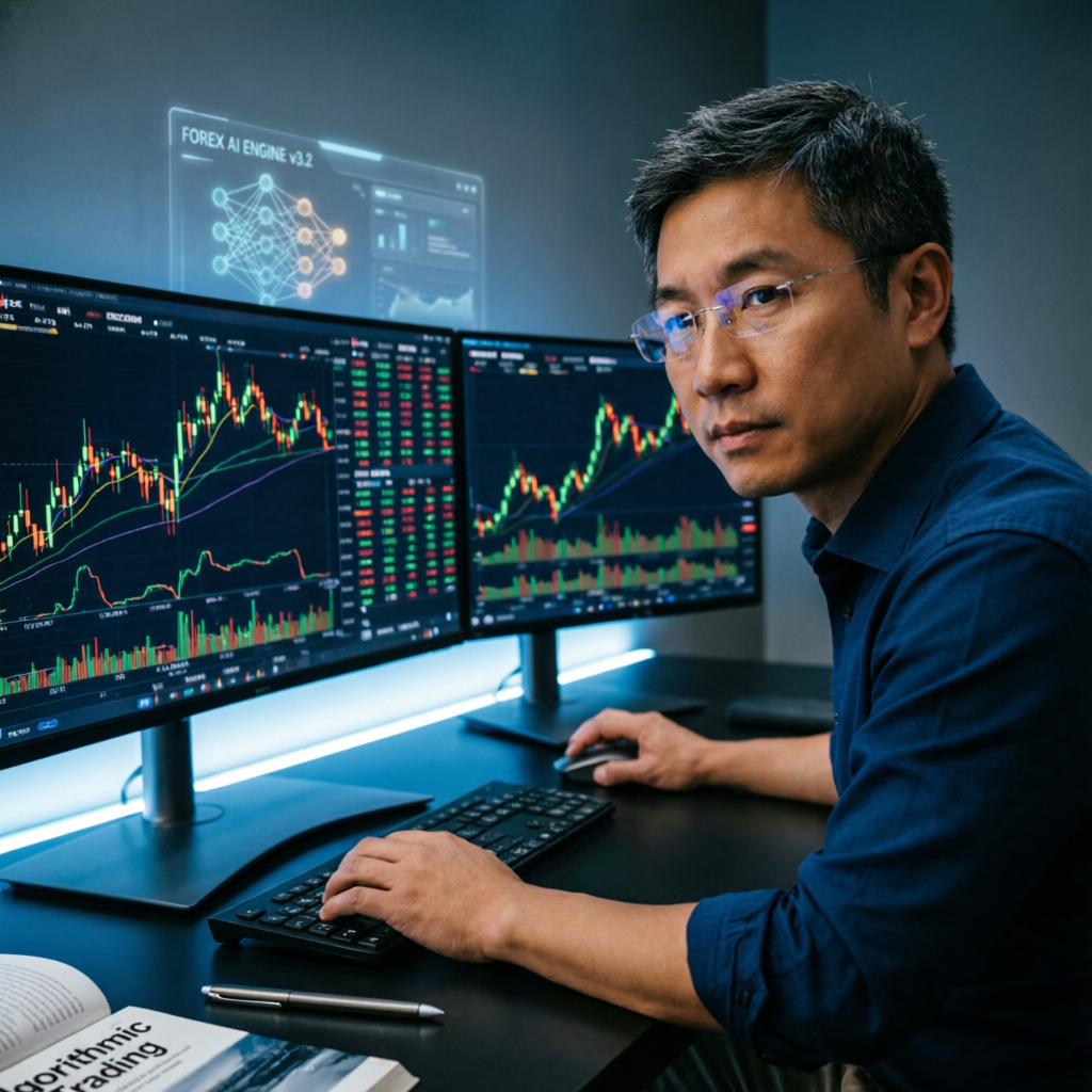 Professional forex trader working with multiple monitors showing Topstep trading charts