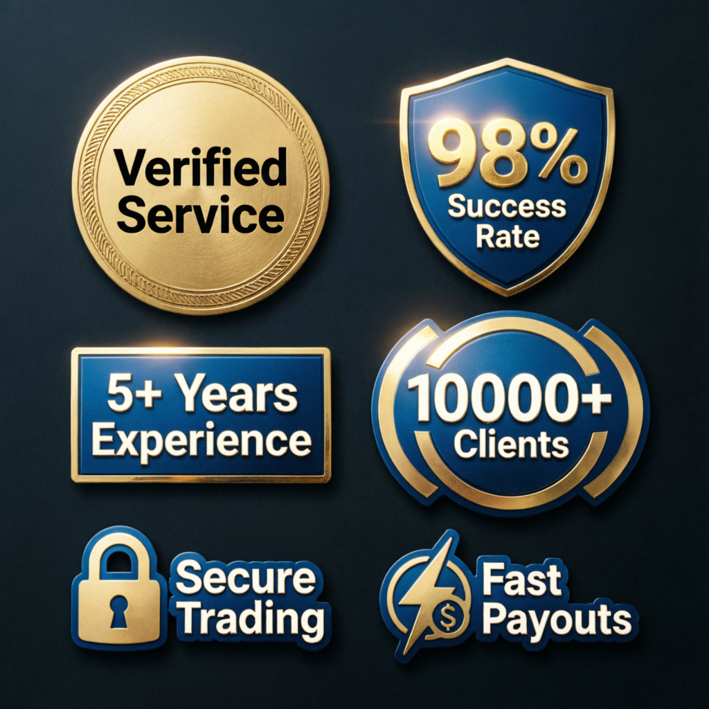 Trust and authority badges for PFM Capitals showing 98% success rate, verified service, 5+ years experience, and 10000+ clients