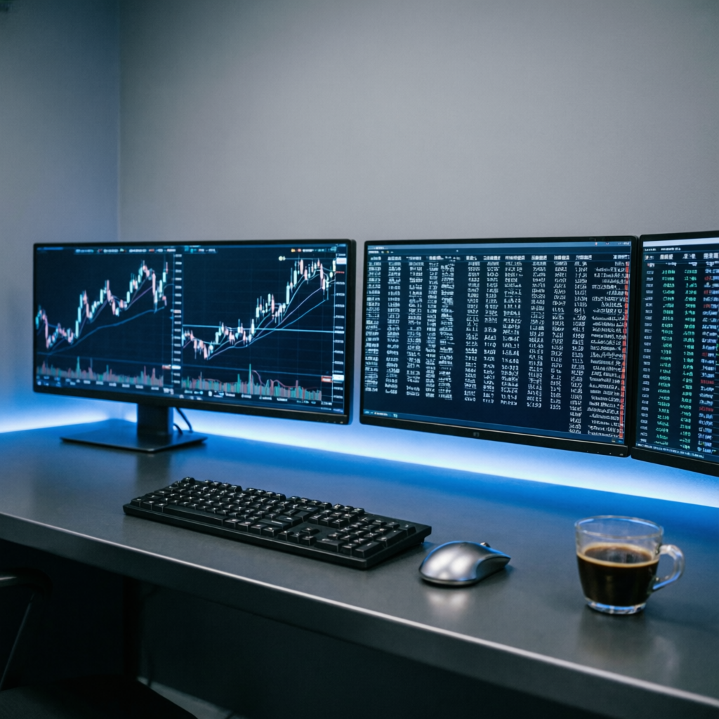 Professional trading desk with multiple monitors displaying forex charts - Best Strategy for Funding Traders by PFM Capitals