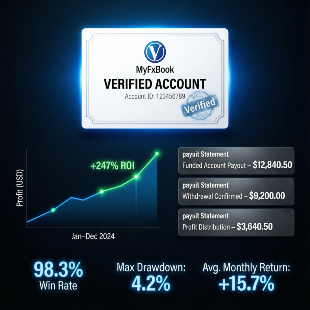 Verified trading results dashboard showing MyFxBook verified account with 247% ROI, 98.3% win rate, and funded account payouts