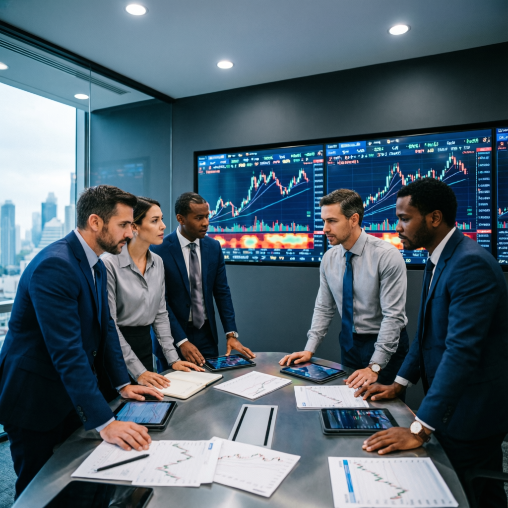 Professional team of forex analysts collaborating on trading strategies at PFM Capitals prop firm services