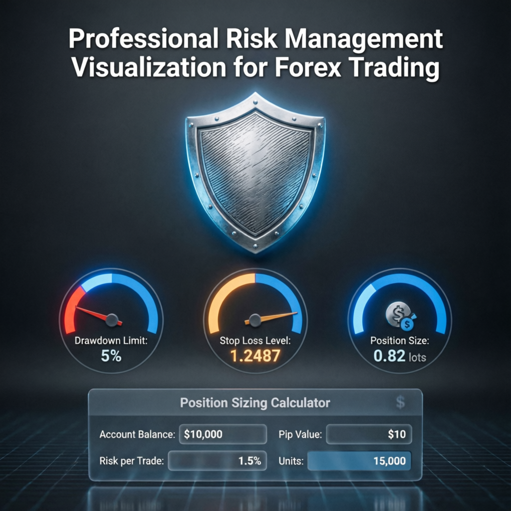 Professional risk management dashboard showing drawdown limits, stop loss levels, and position sizing calculator for forex trading
