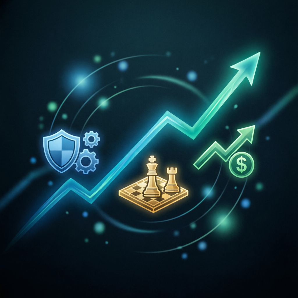 Abstract illustration of prop firm trading strategy with growth charts, protection shield, and chess pieces representing strategic planning