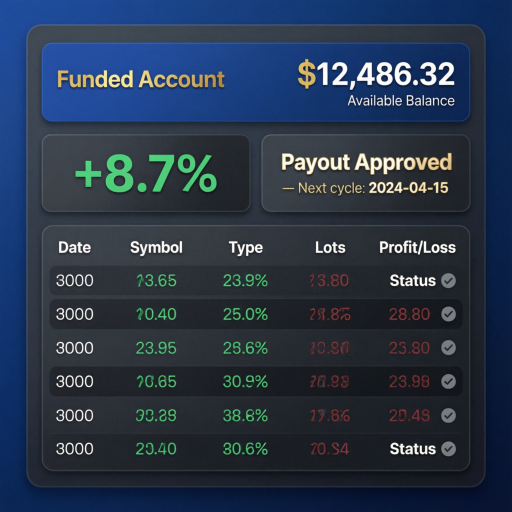 Funded account dashboard showing available balance, profit percentage, and payout approved status for PFM Capitals clients