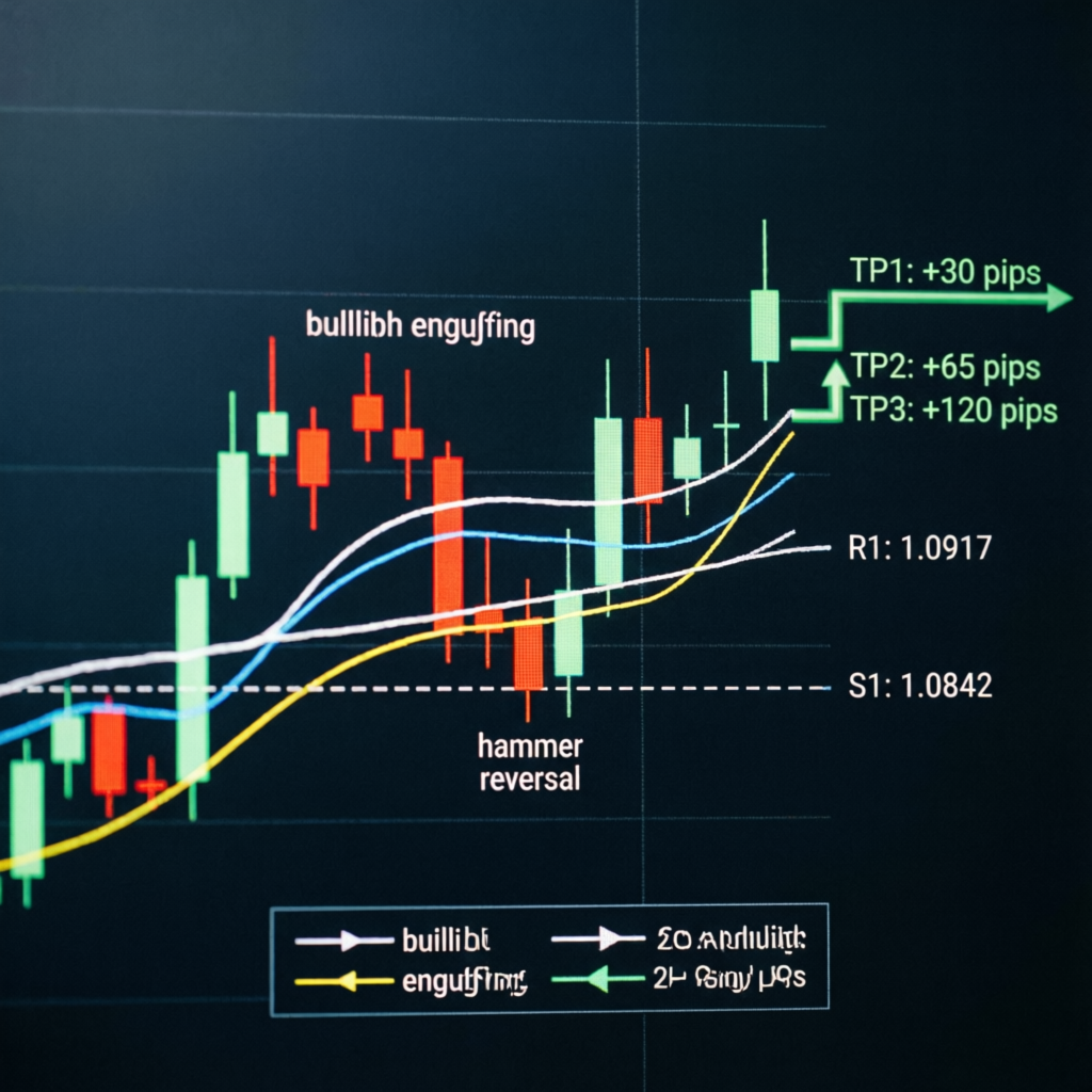 Professional trading strategy chart showing candlestick patterns, support resistance levels, and profit targets for prop firm trading