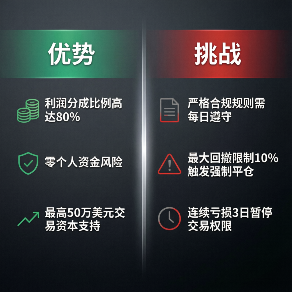 Comparison illustration showing advantages and disadvantages of prop firm trading including profit sharing, risk limits, and compliance rules