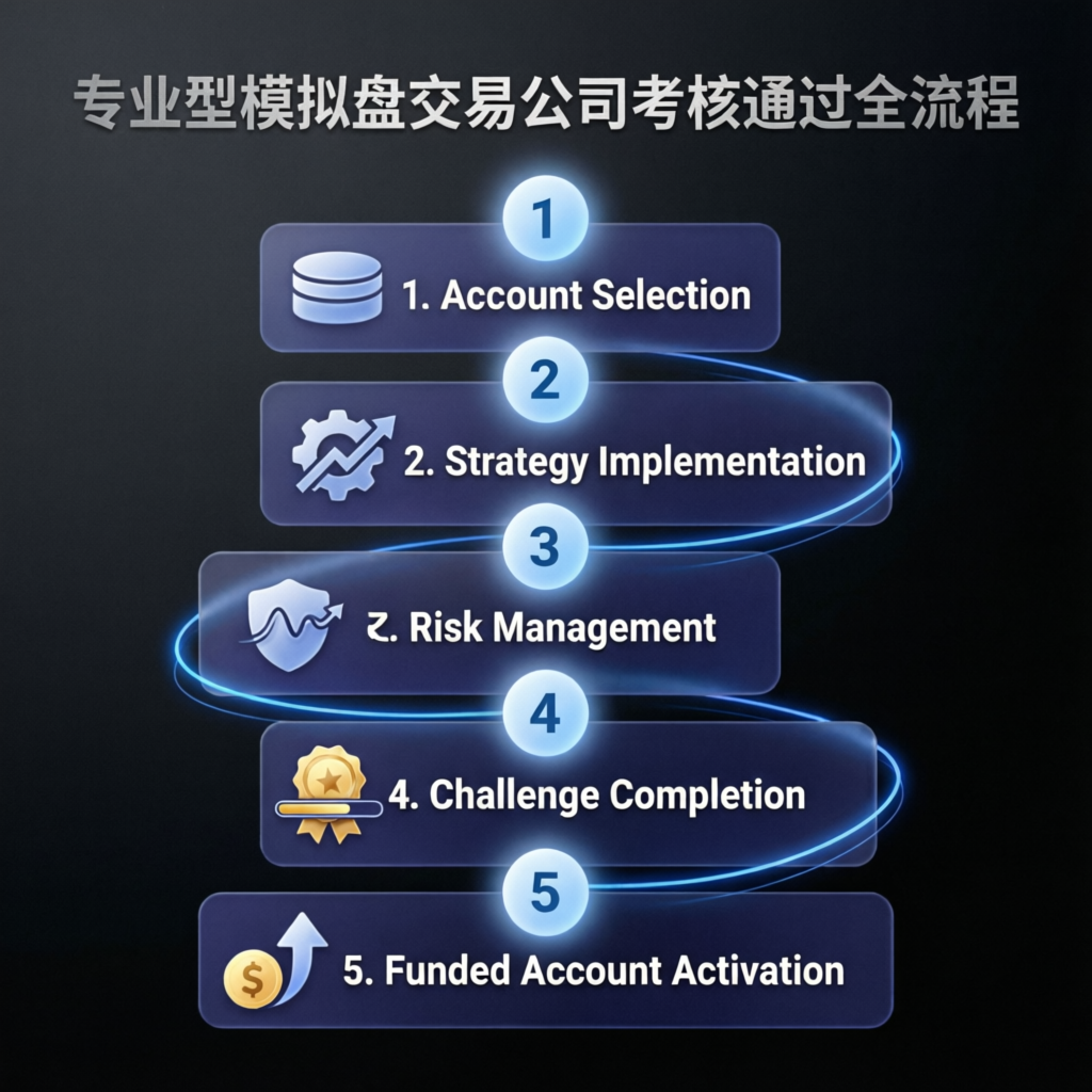 Step-by-step process infographic for prop firm passing showing account selection, strategy implementation, risk management, challenge completion, and funded account activation
