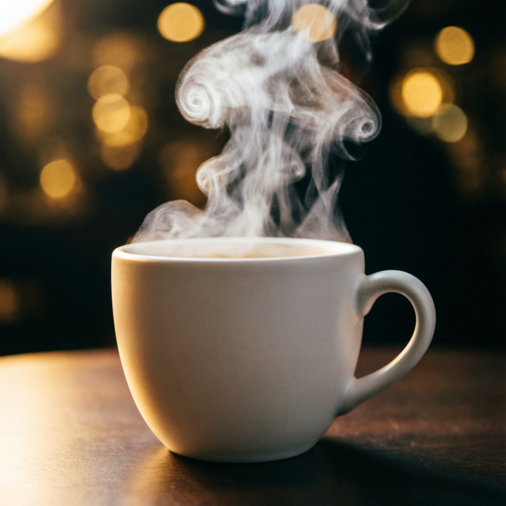 Café humeante con luces cálidas de fondo