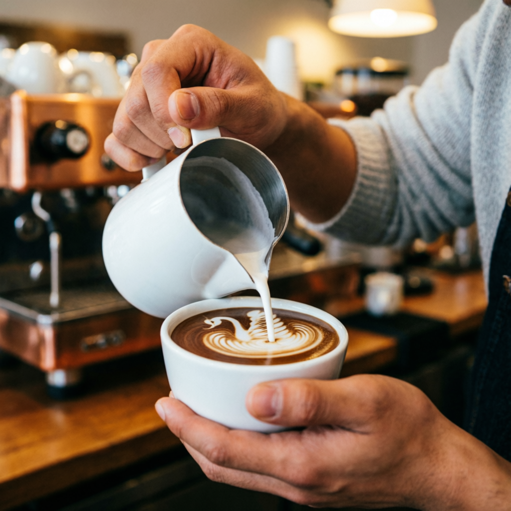 Barista preparando arte latte con destreza
