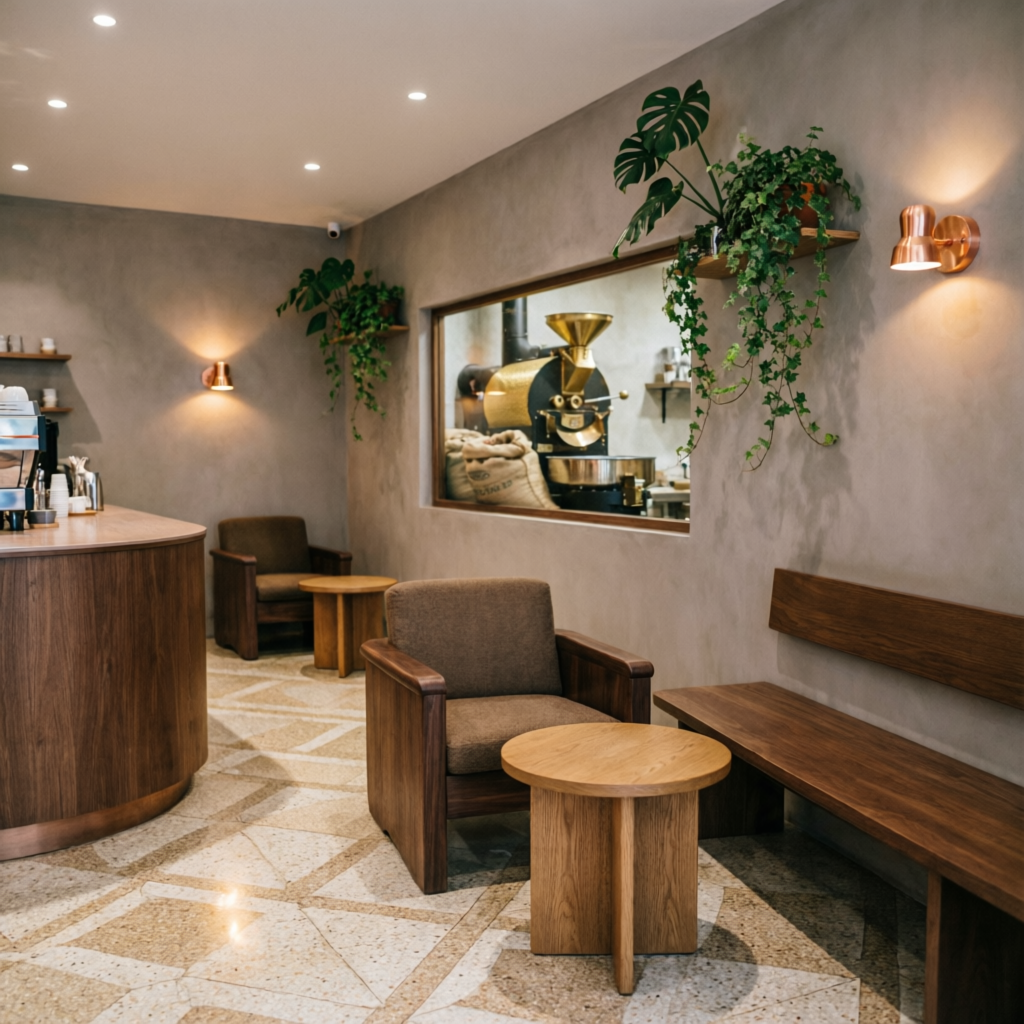 Interior elegante de la cafetería AromaCafé