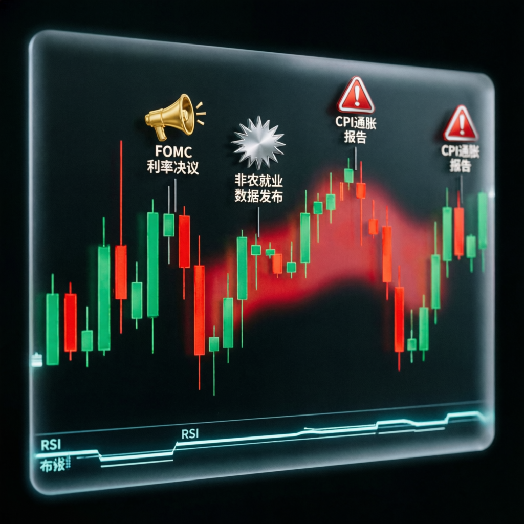 Forex candlestick chart showing news event markers with volatility spikes