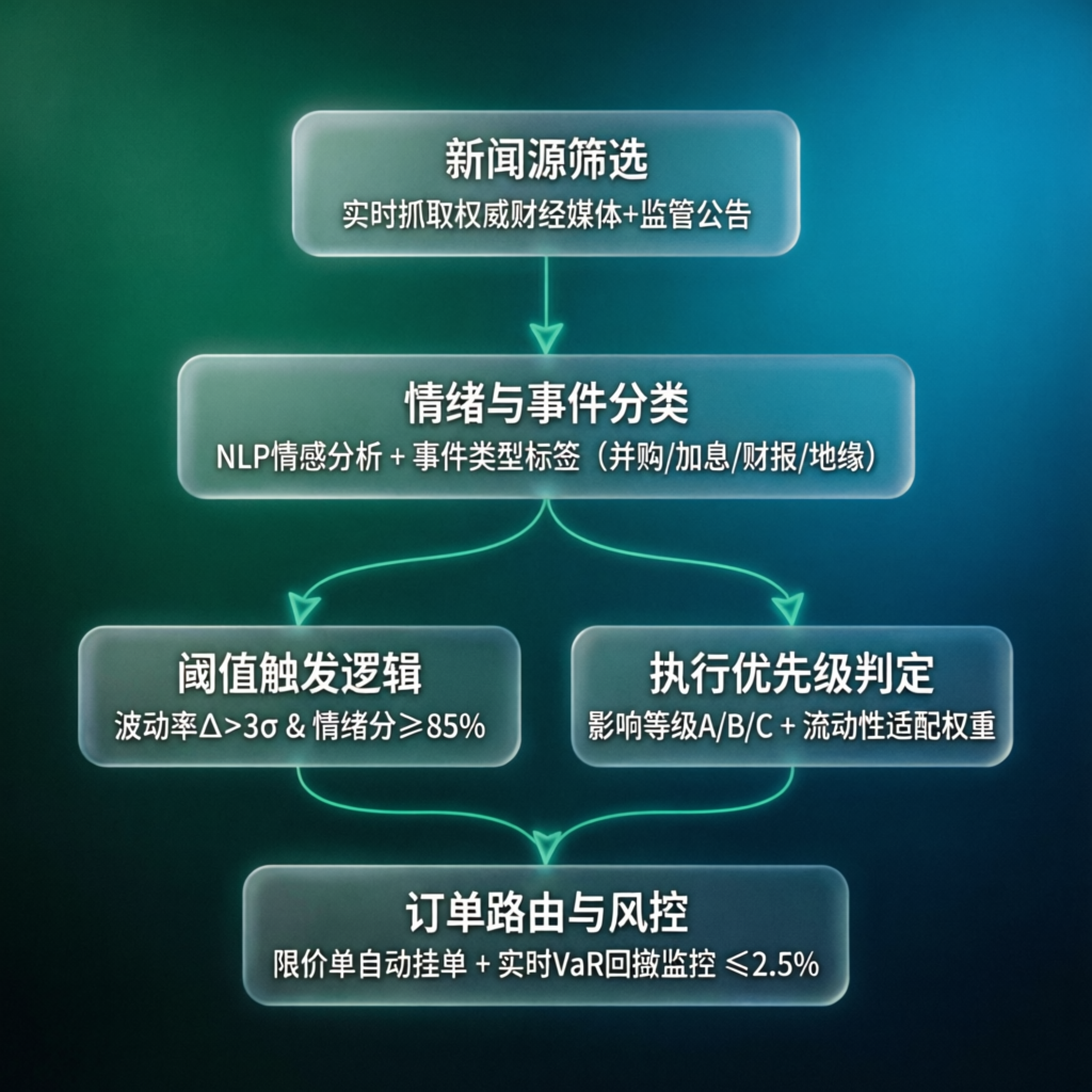 Trading strategy blueprint with glassmorphism flowchart nodes